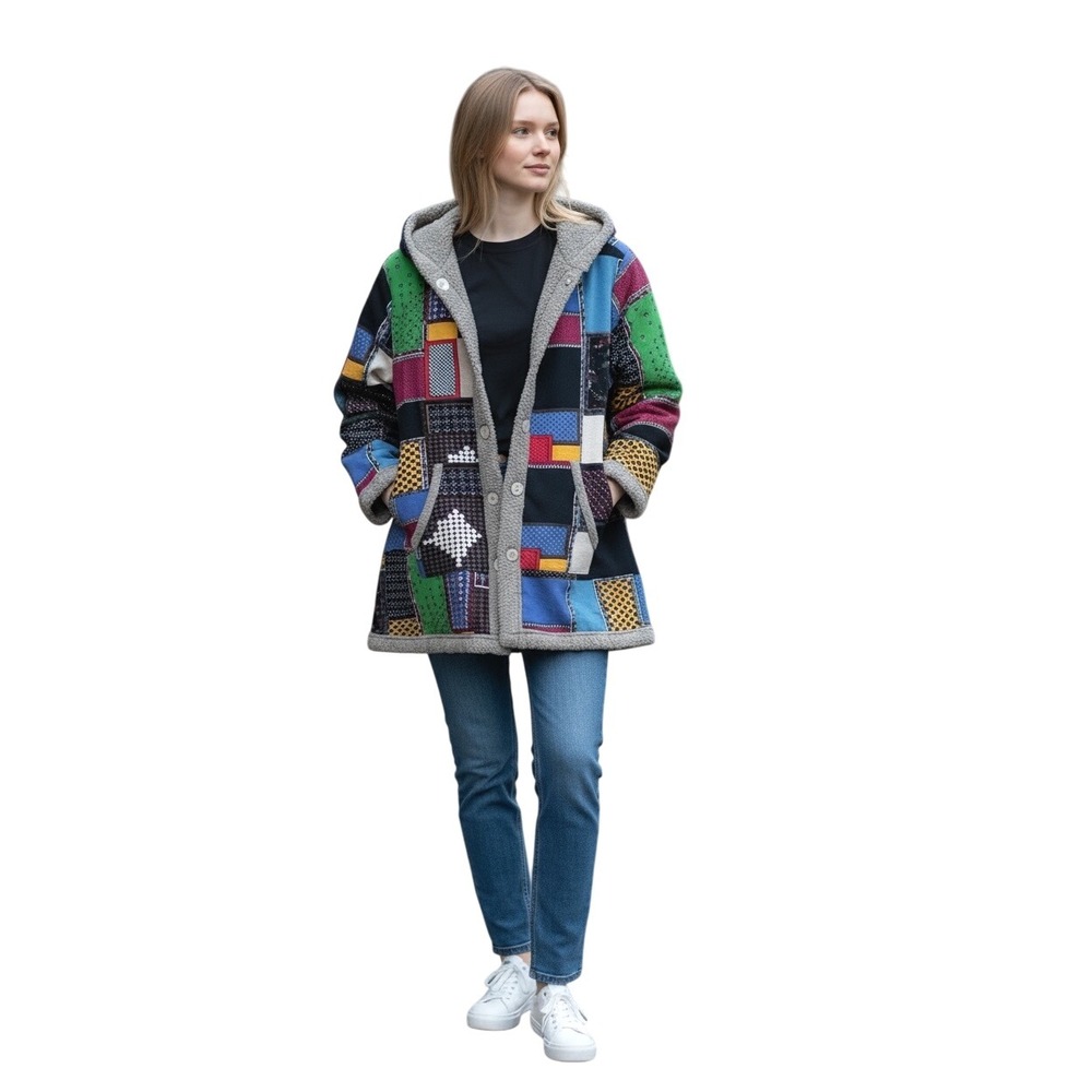 Patchwork Hooded Jacket XL Colorful Cozy Sherpa Lined‎ Boho Coat Grannycore